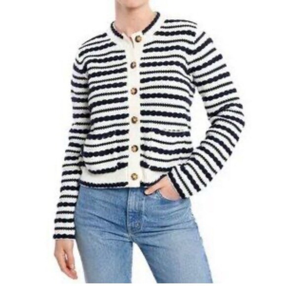 La Ligne Sweaters - La Linge Women’s M Braid Stripe Cardigan Navy White Classic Nautical Designer